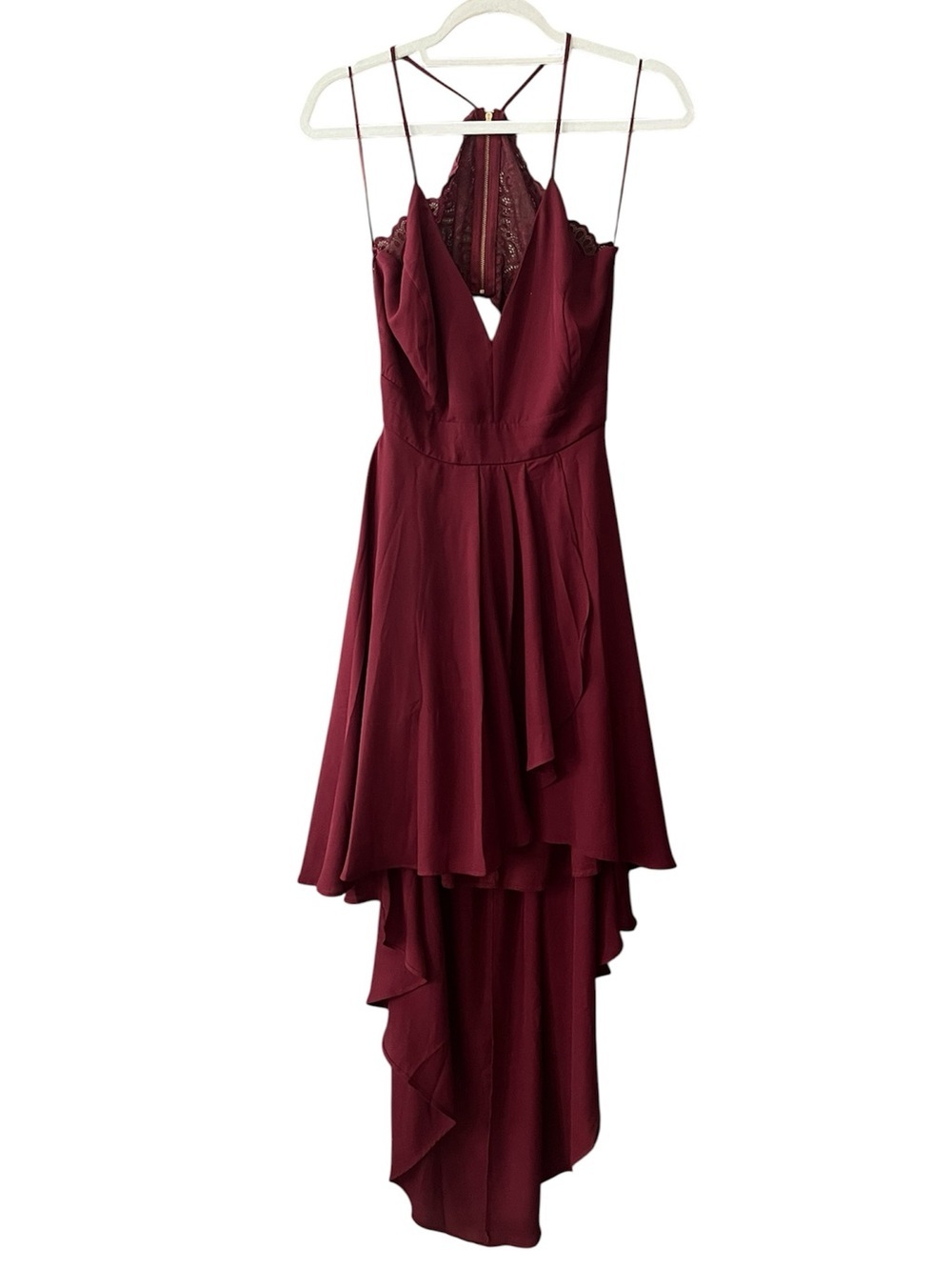 Windsor Wine Lace-Back High-Low Spaghetti Strap Dress